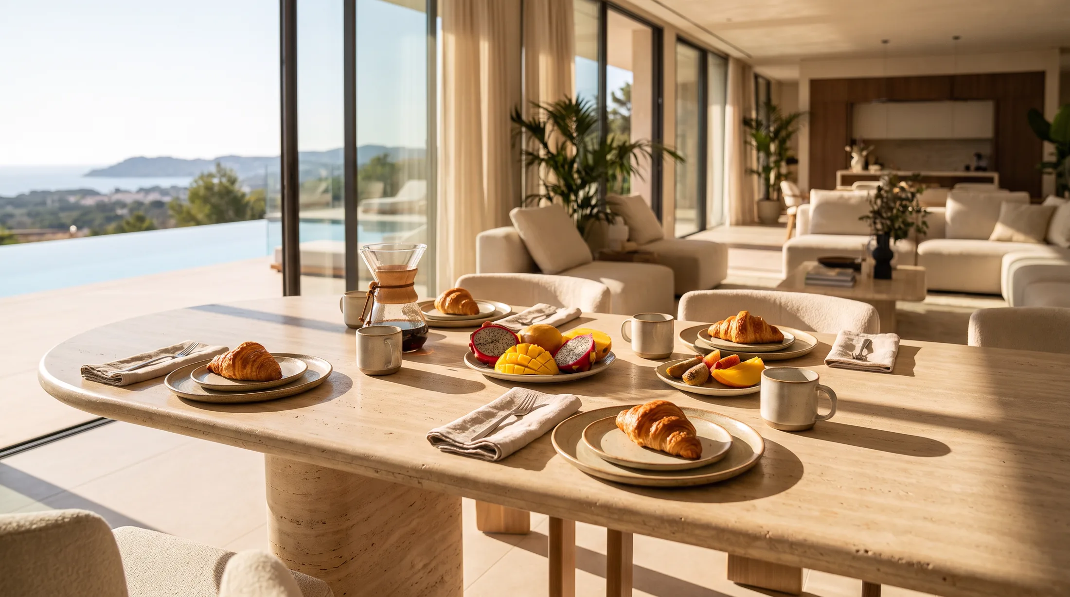 Breakfast served on a travertine table in morning light