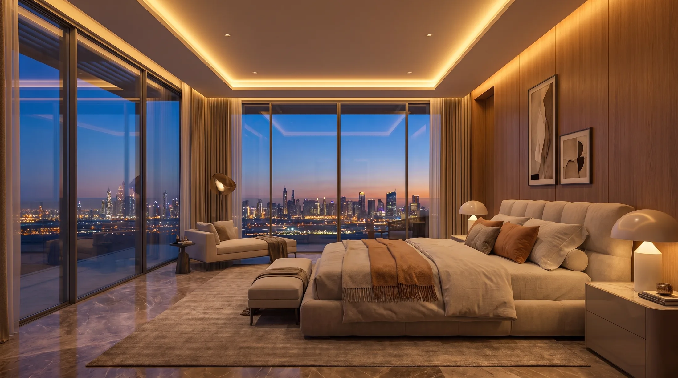 Master bedroom overlooking the city skyline at dusk