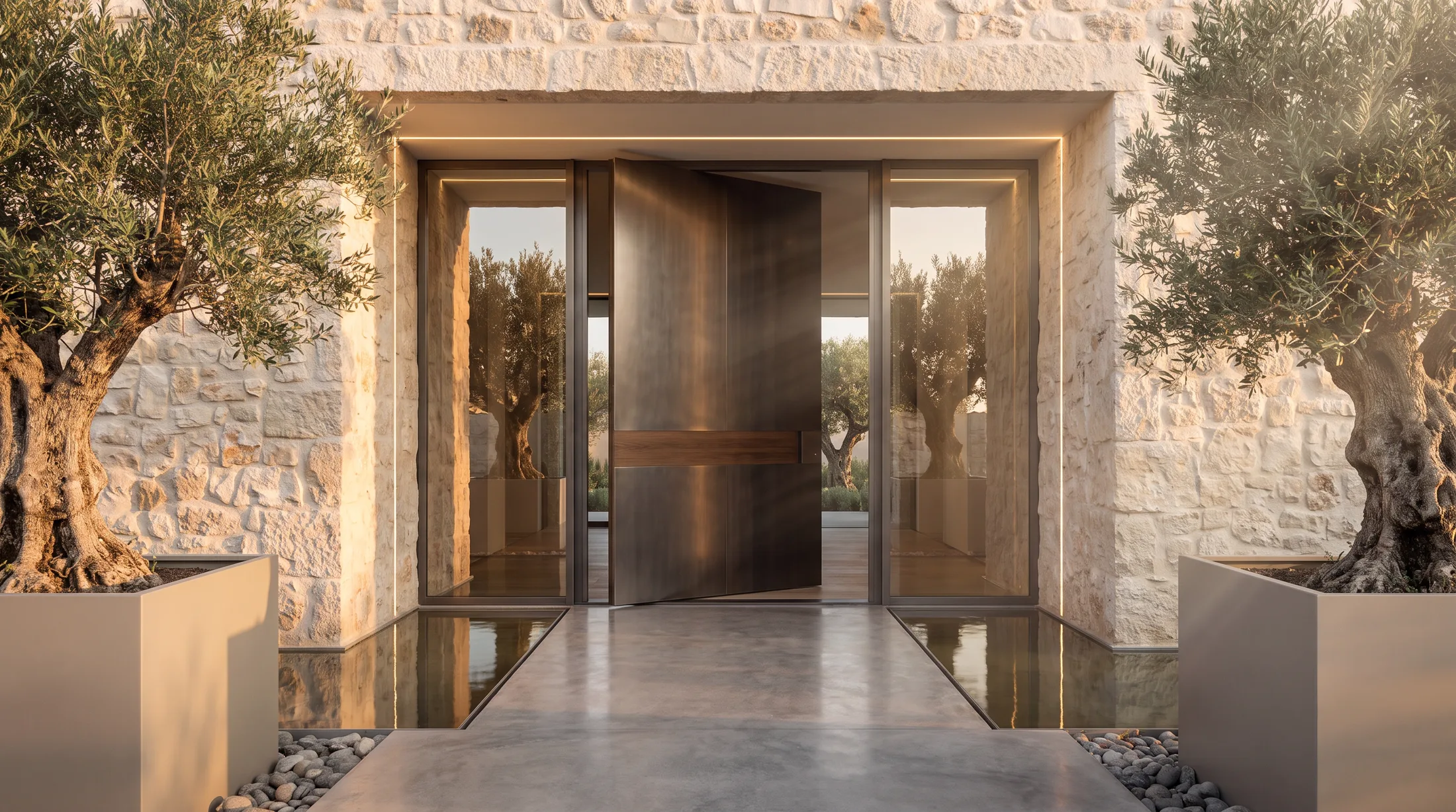 Brushed brass pivot door set into a limestone entrance wall