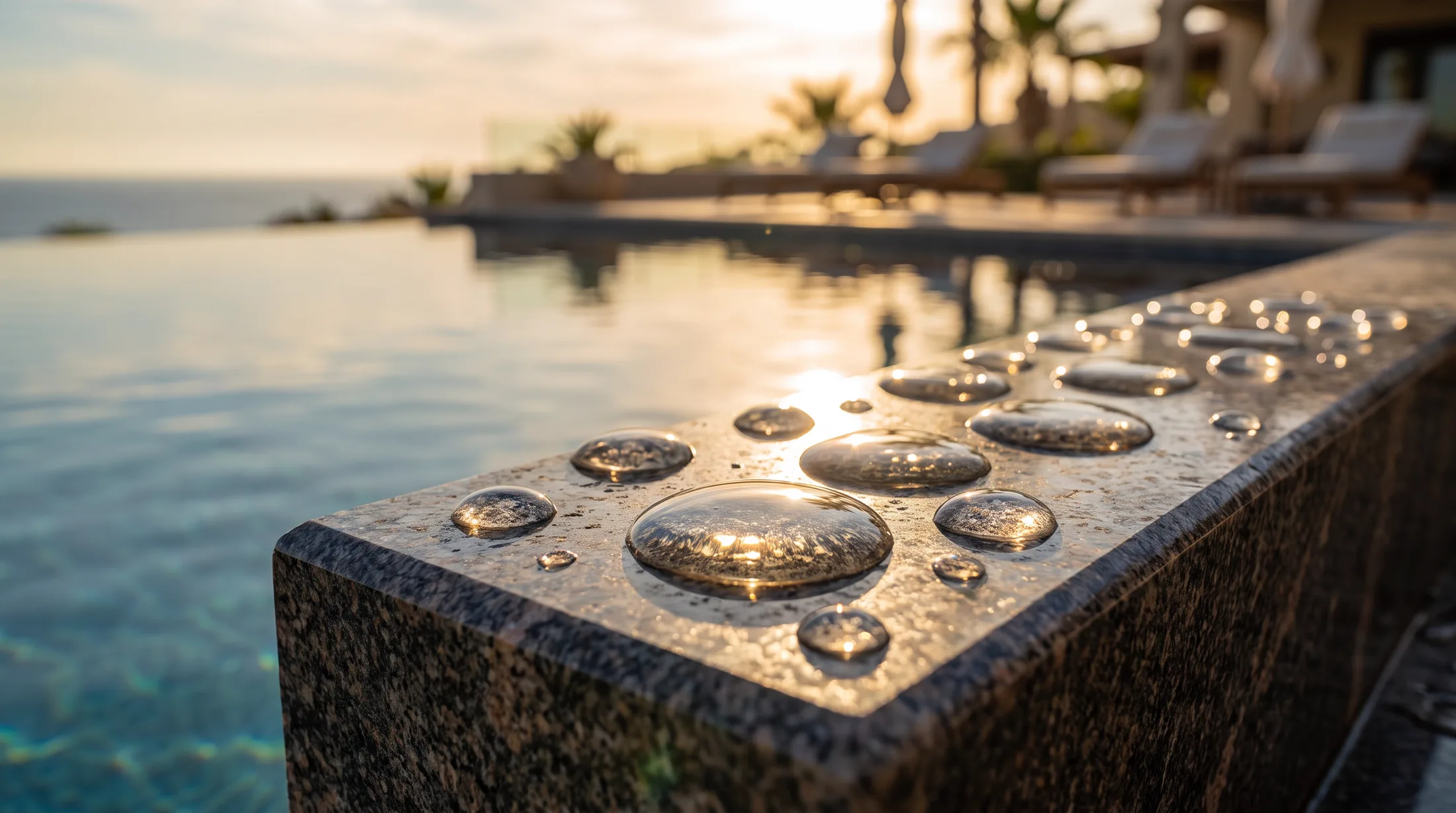 Water droplets on natural stone beside a still pool